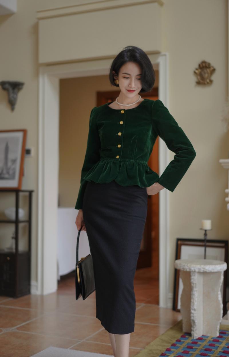 Ink Green Lady Velvet Short Jacket