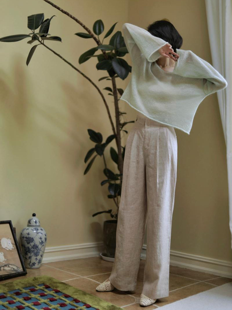 White Brown Lady Wide Leg Linen Pants