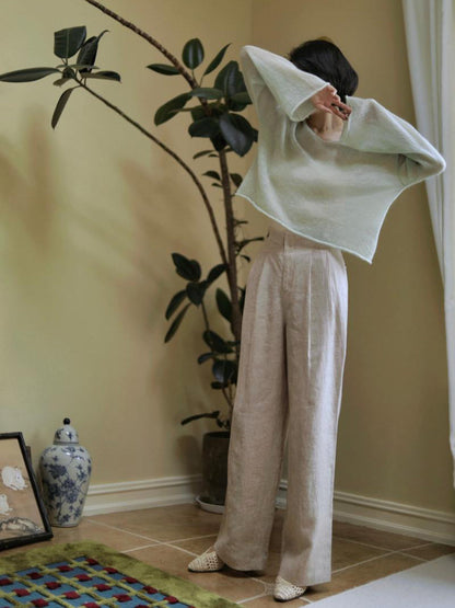 White Brown Lady Wide Leg Linen Pants