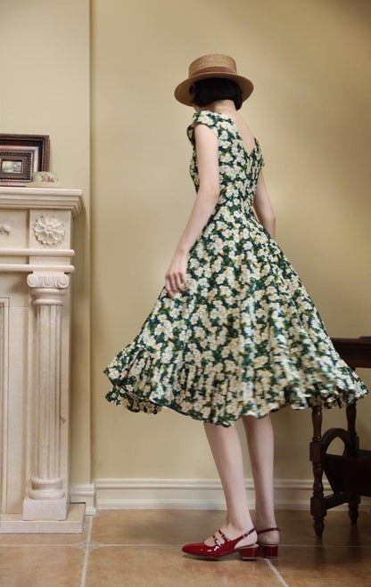 Dark Green Flower Crowd Hepburn Dress