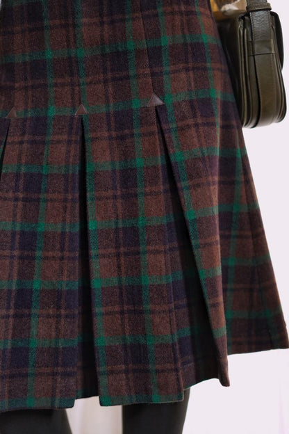 Dark brown plaid classical pleated skirt