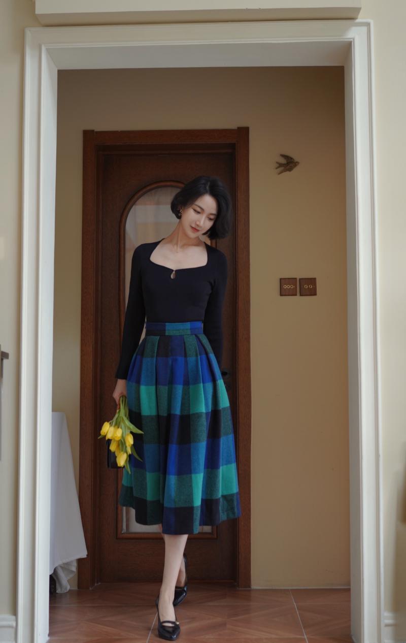 Indigo Green Plaid Retro Umbrella Skirt