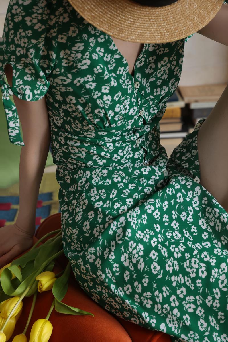 Green Bouquet French Retro Dress