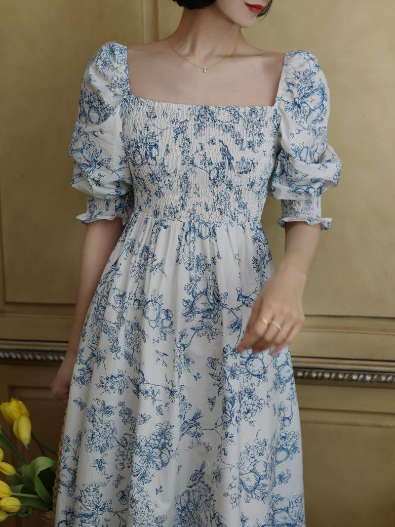 Blue indigo flower pattern retro dress