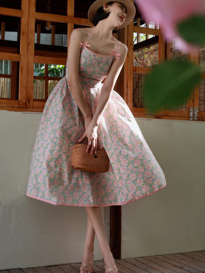 Baby Pink Flower Crowd Retro Camisole Dress