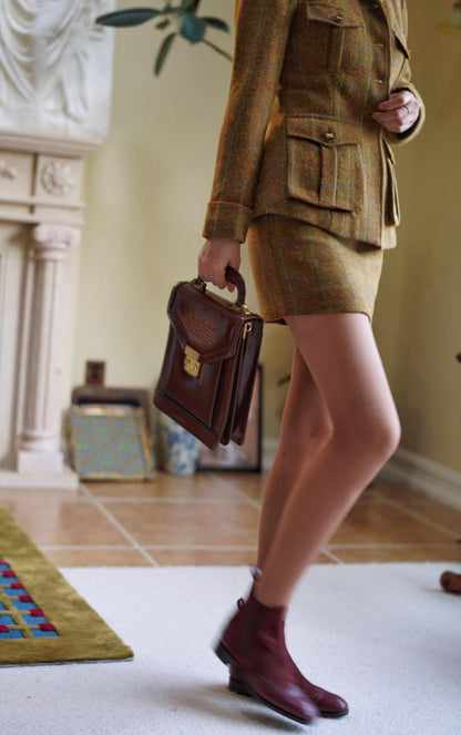 Gray-yellow-green plaid tweed jacket and tweed skirt