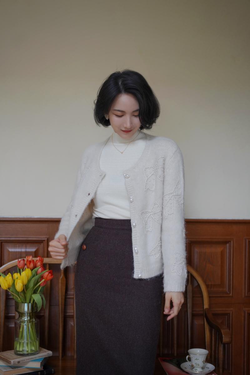 Embroidered mohair cardigan with bow