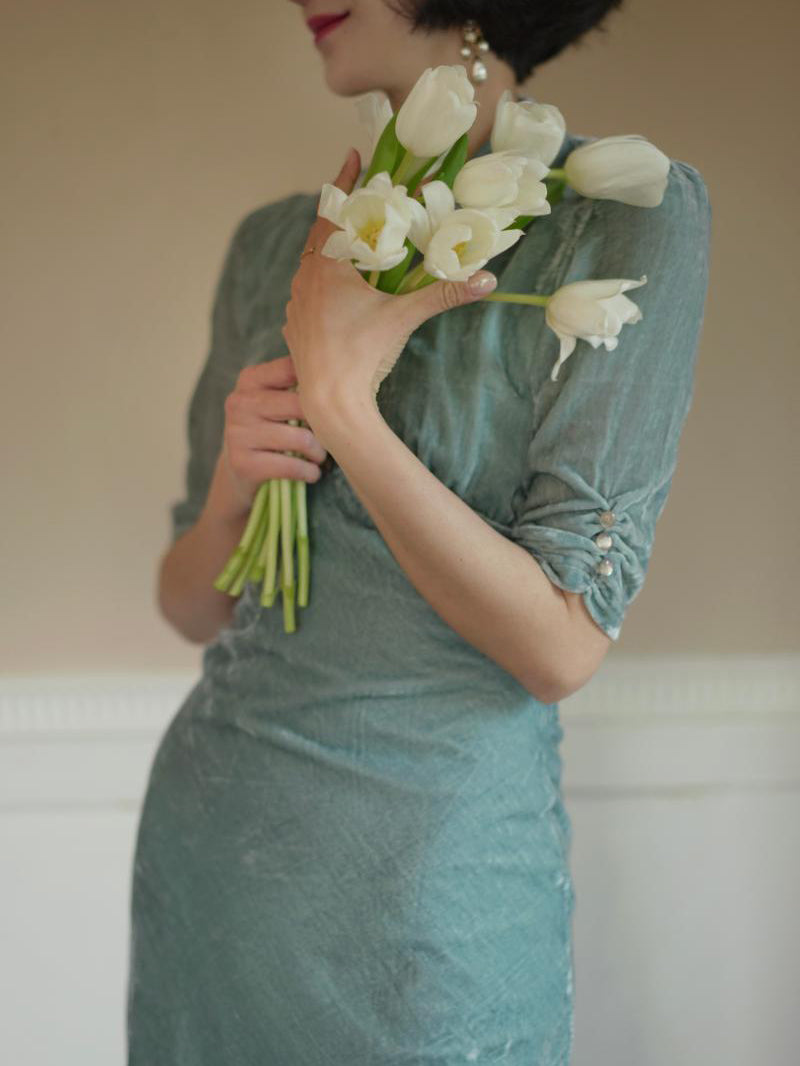 light blue lady velvet dress