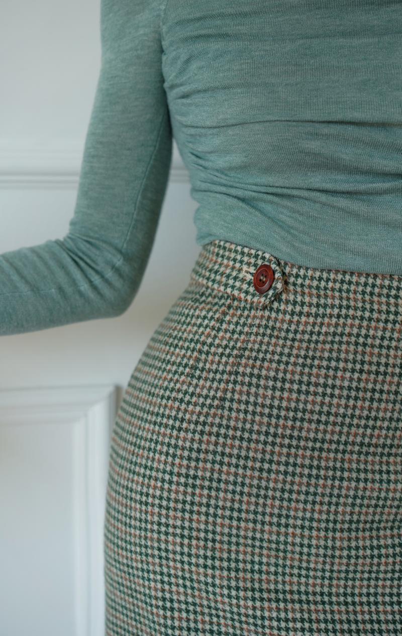 Blue-green houndstooth tweed tube skirt