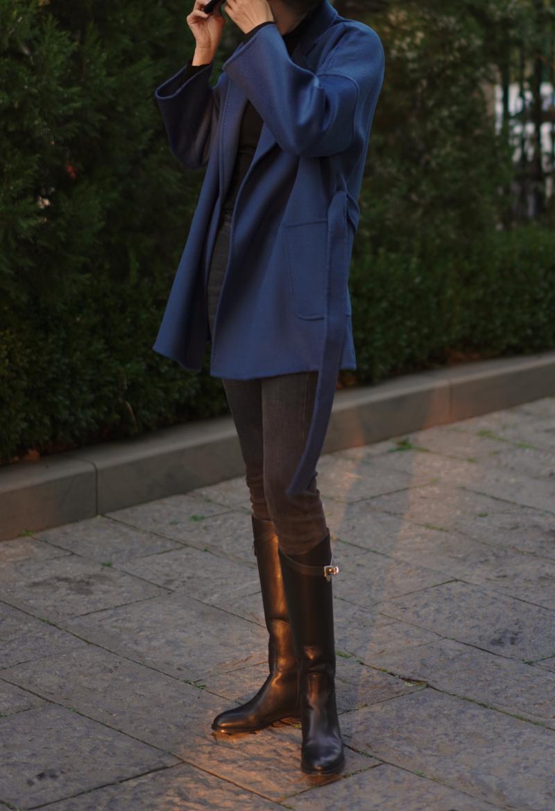 Navy Blue Lady Classical Middle Wool Coat