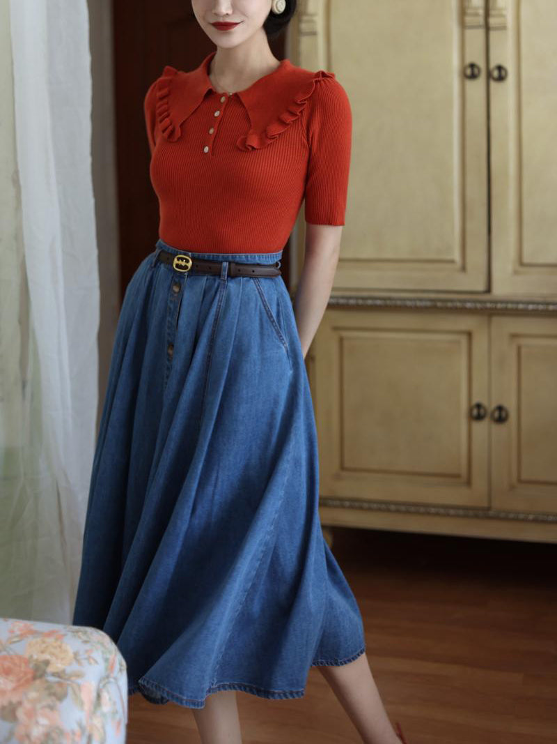 Madder Red Lady's Retro Knit Tops