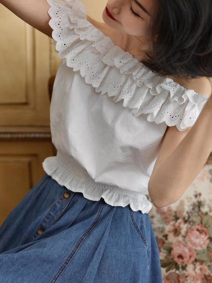 Pure white embroidery off-shoulder blouse