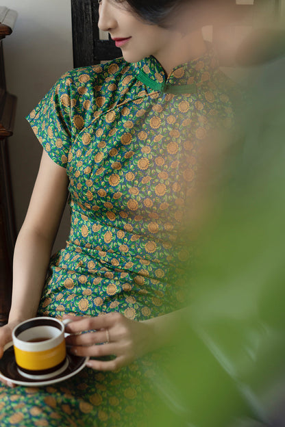 Deep green small sunflower cheongsam dress