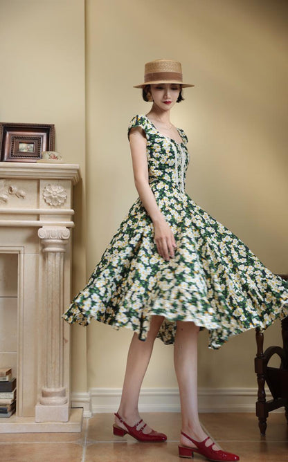 Dark Green Flower Crowd Hepburn Dress