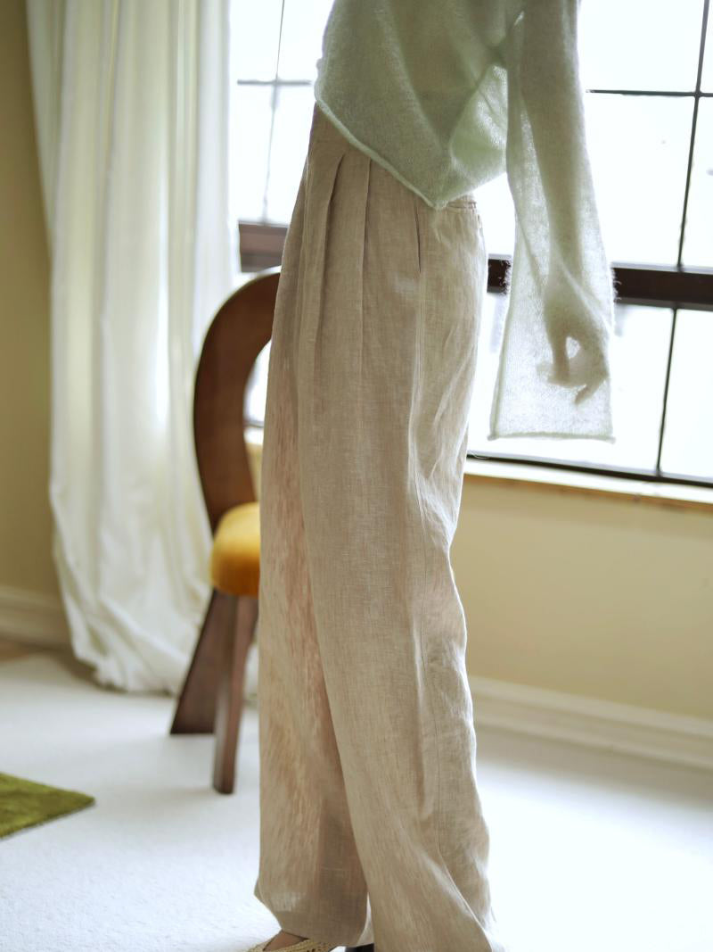 White Brown Lady Wide Leg Linen Pants