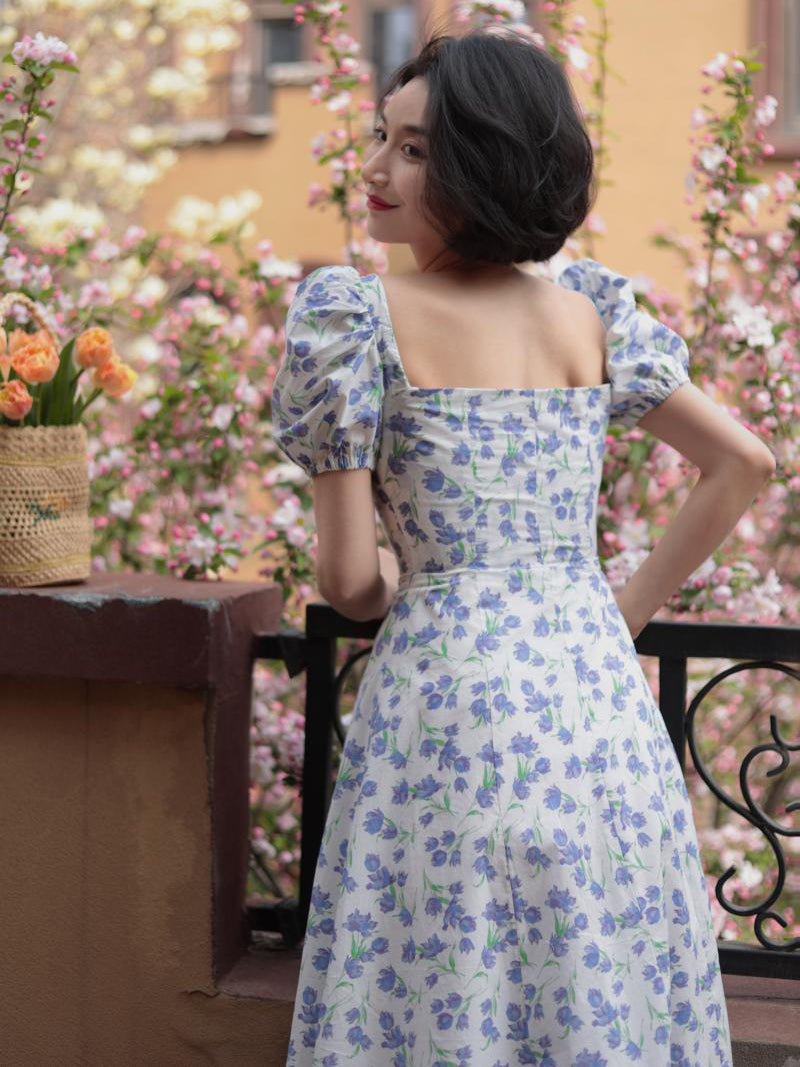 Blue Floral Pattern French Retro Dress