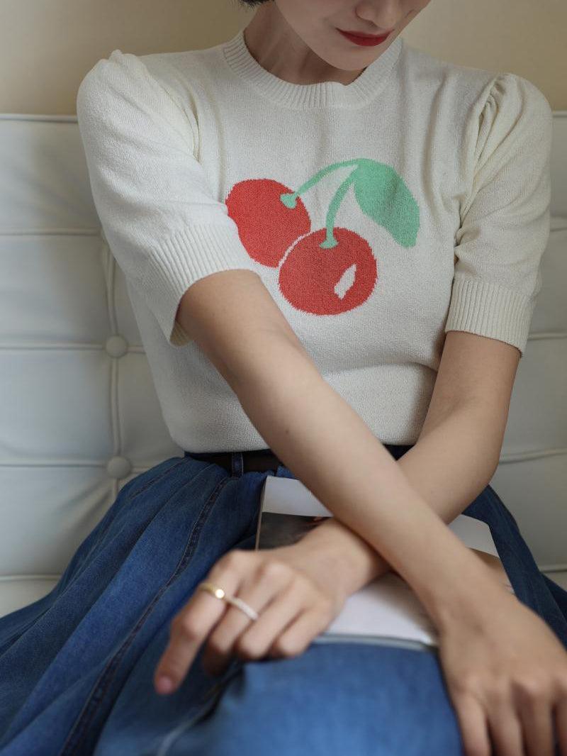 Knitted top with red cherry print