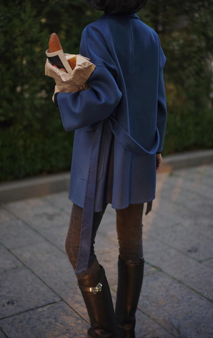 Navy Blue Lady Classical Middle Wool Coat