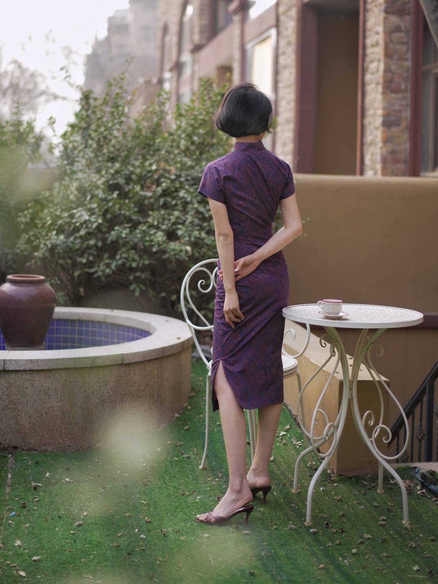 purple floral cheongsam dress