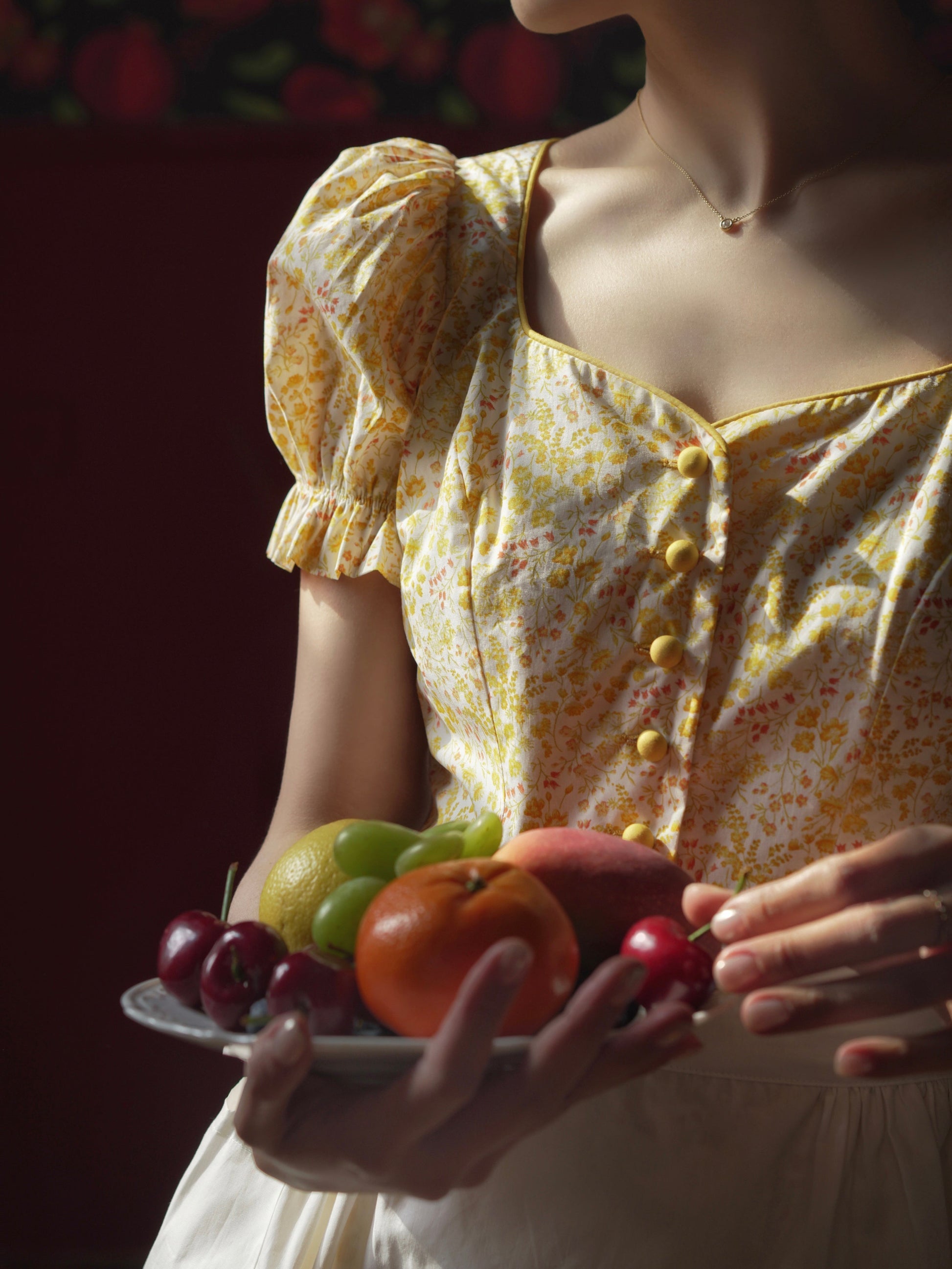 Yellow flower retro dress and embroidered apron