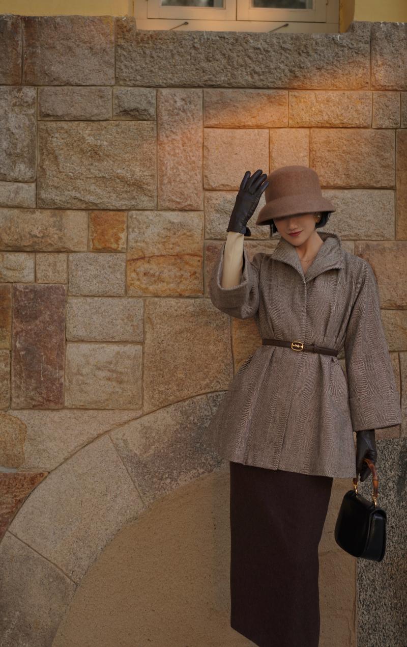 Gray brown lady herringbone wool coat