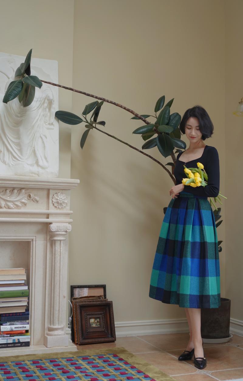 Indigo Green Plaid Retro Umbrella Skirt