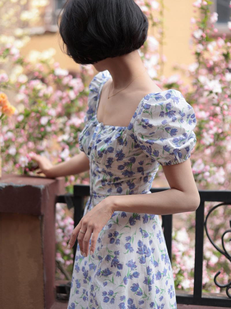 Blue Floral Pattern French Retro Dress