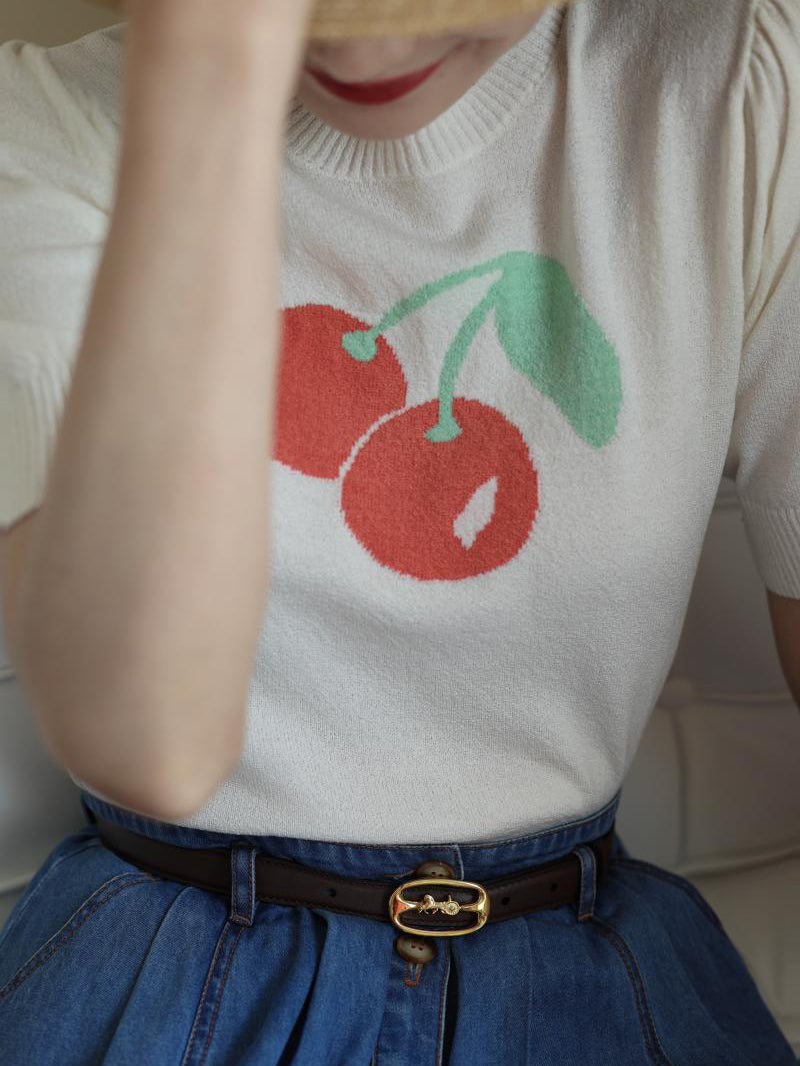 Knitted top with red cherry print