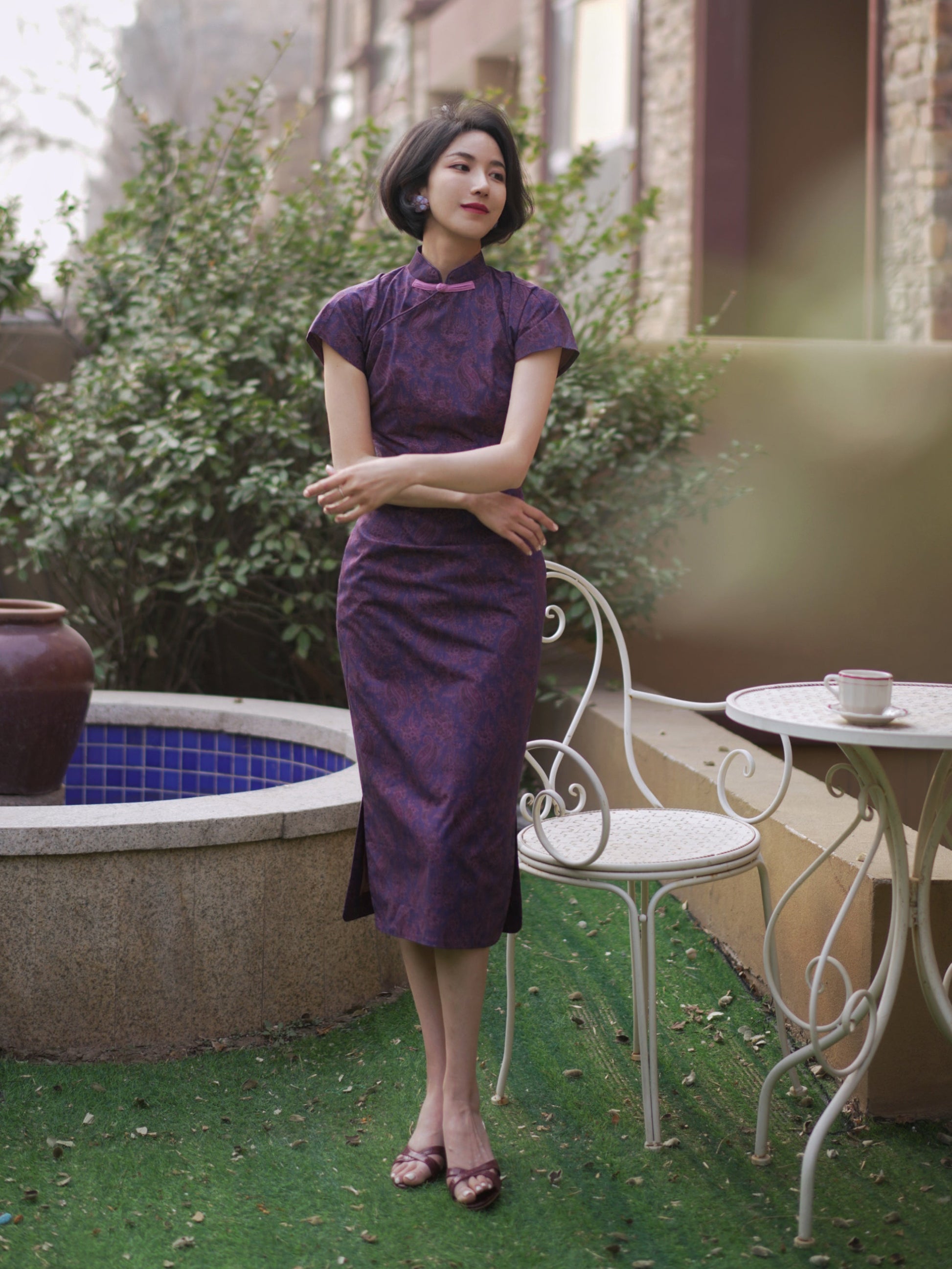 purple floral cheongsam dress