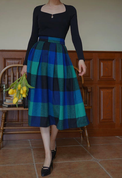 Indigo Green Plaid Retro Umbrella Skirt