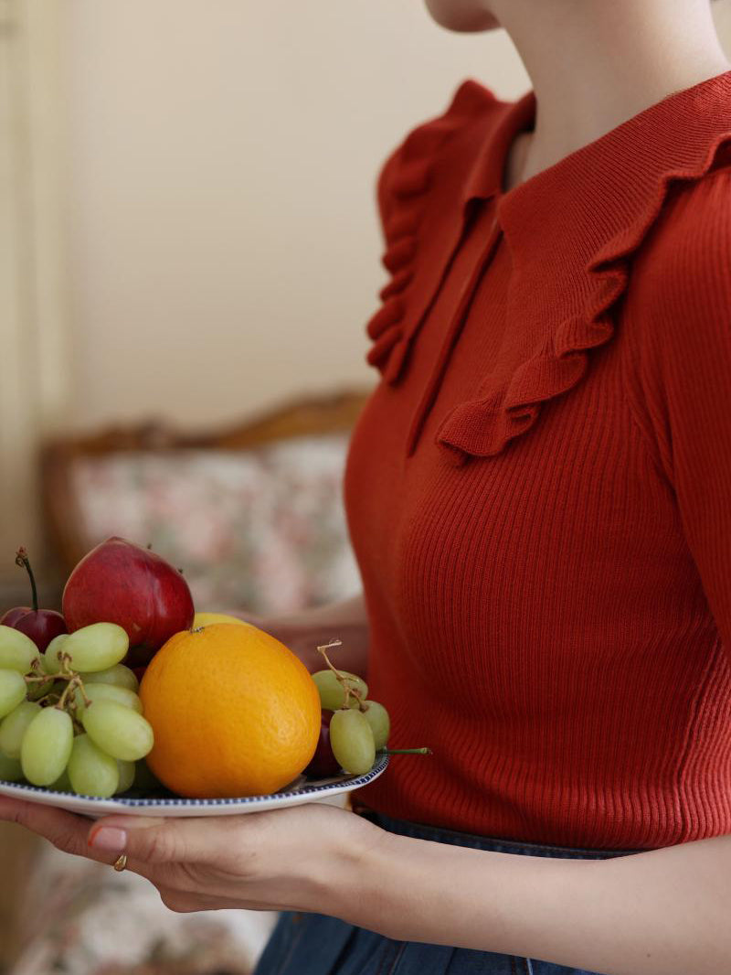 Madder Red Lady's Retro Knit Tops