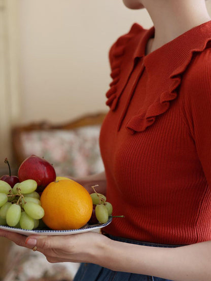 Madder Red Lady's Retro Knit Tops