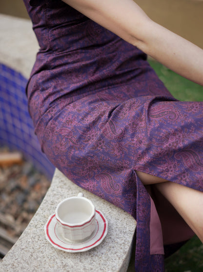 purple floral cheongsam dress