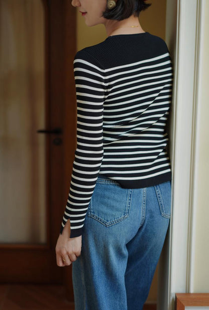 Black and white striped slim knit