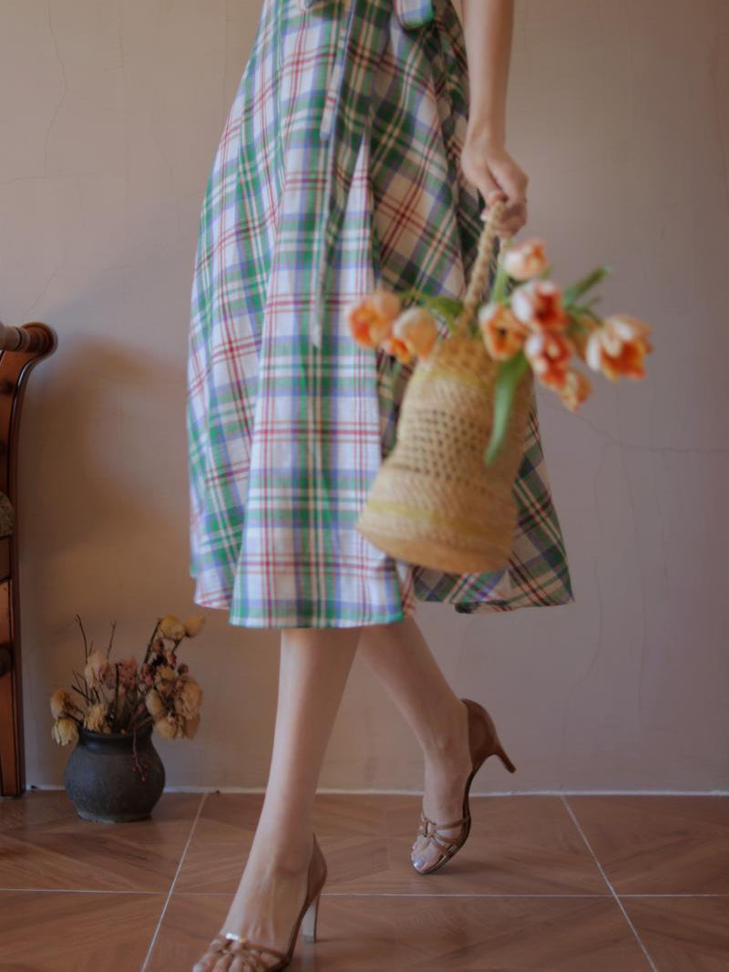 Green red plaid retro dress