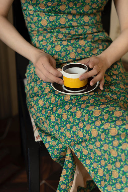 Deep green small sunflower cheongsam dress