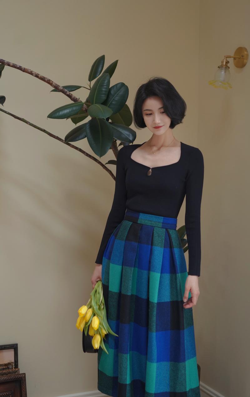 Indigo Green Plaid Retro Umbrella Skirt