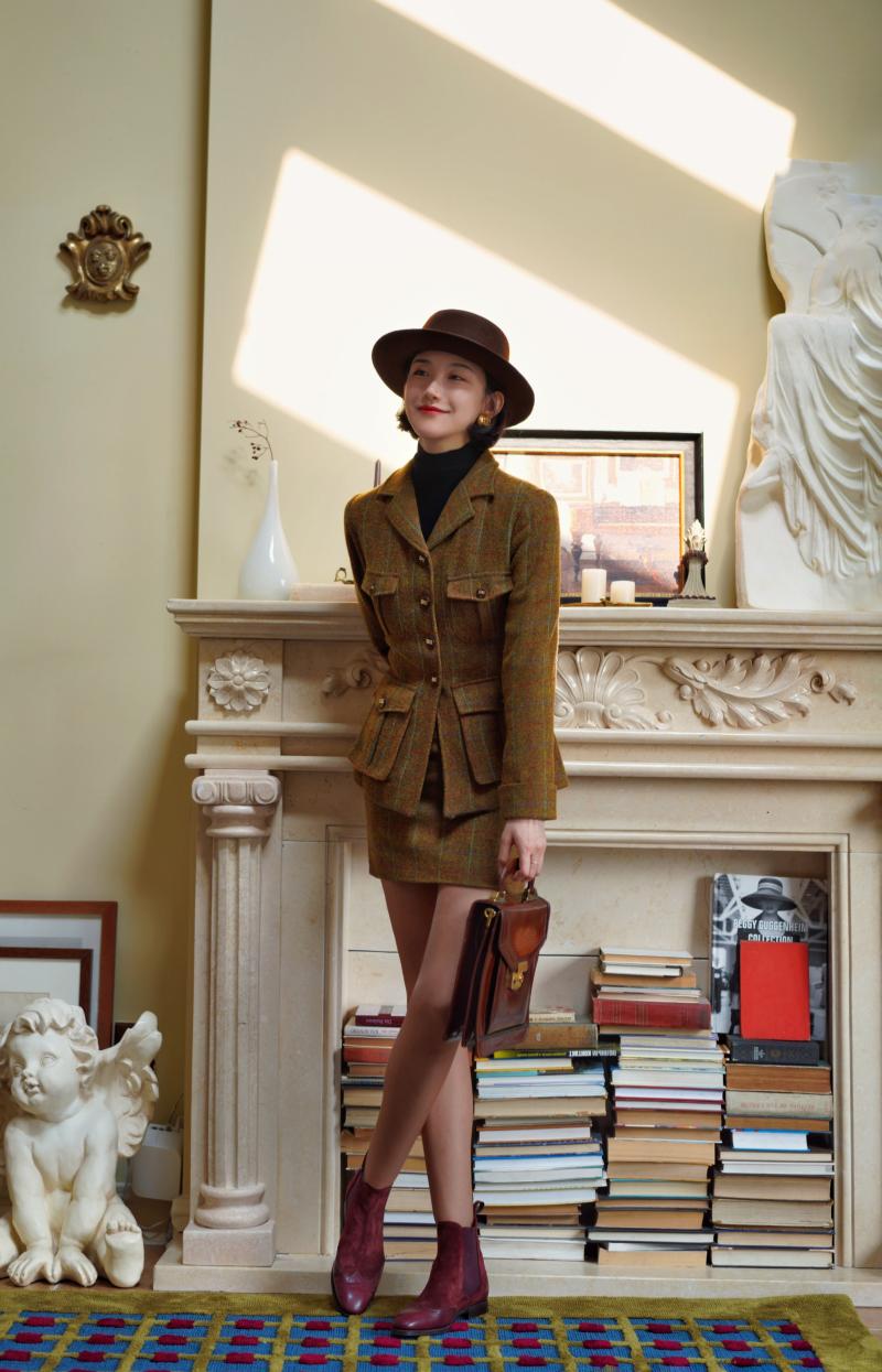 Gray-yellow-green plaid tweed jacket and tweed skirt