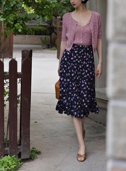 purple flower retro middle skirt