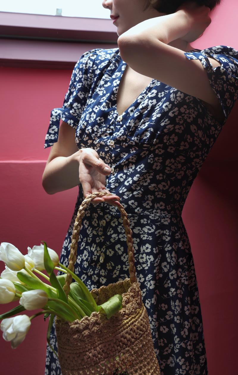 Lapis navy blue flower French retro dress