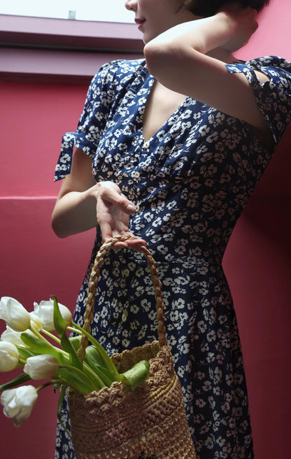 Lapis navy blue flower French retro dress