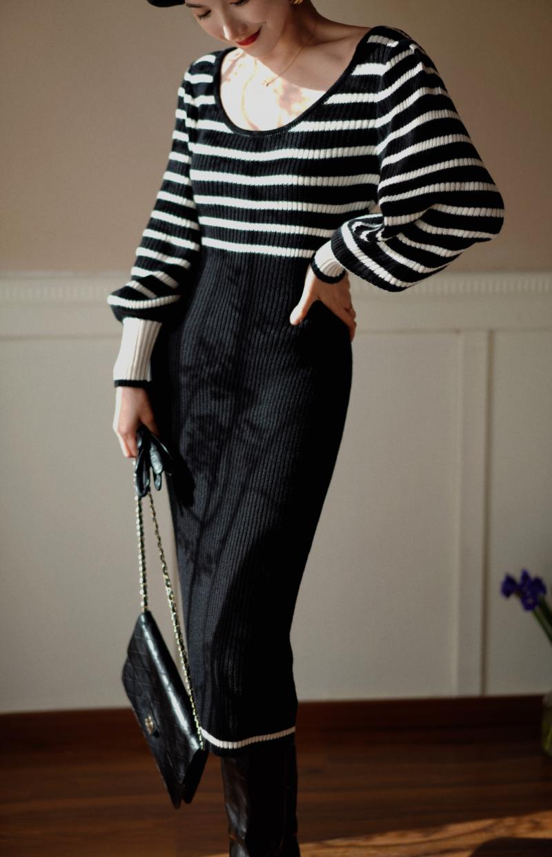 Black and white striped knit dress