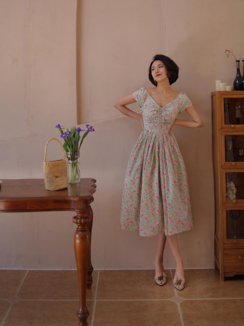 Peach green flower crowd retro dress