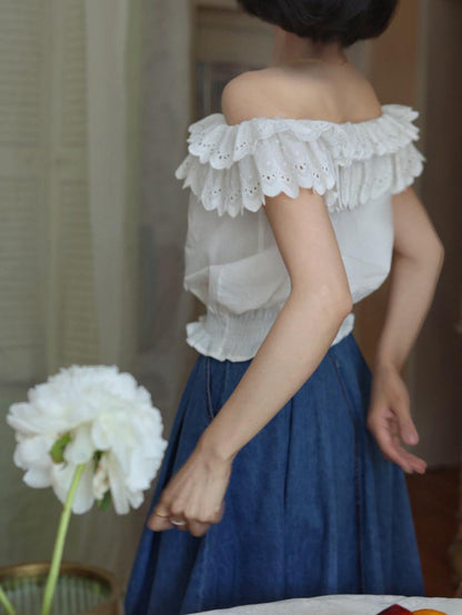 Pure white embroidery off-shoulder blouse