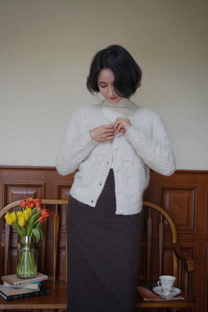 Embroidered mohair cardigan with bow