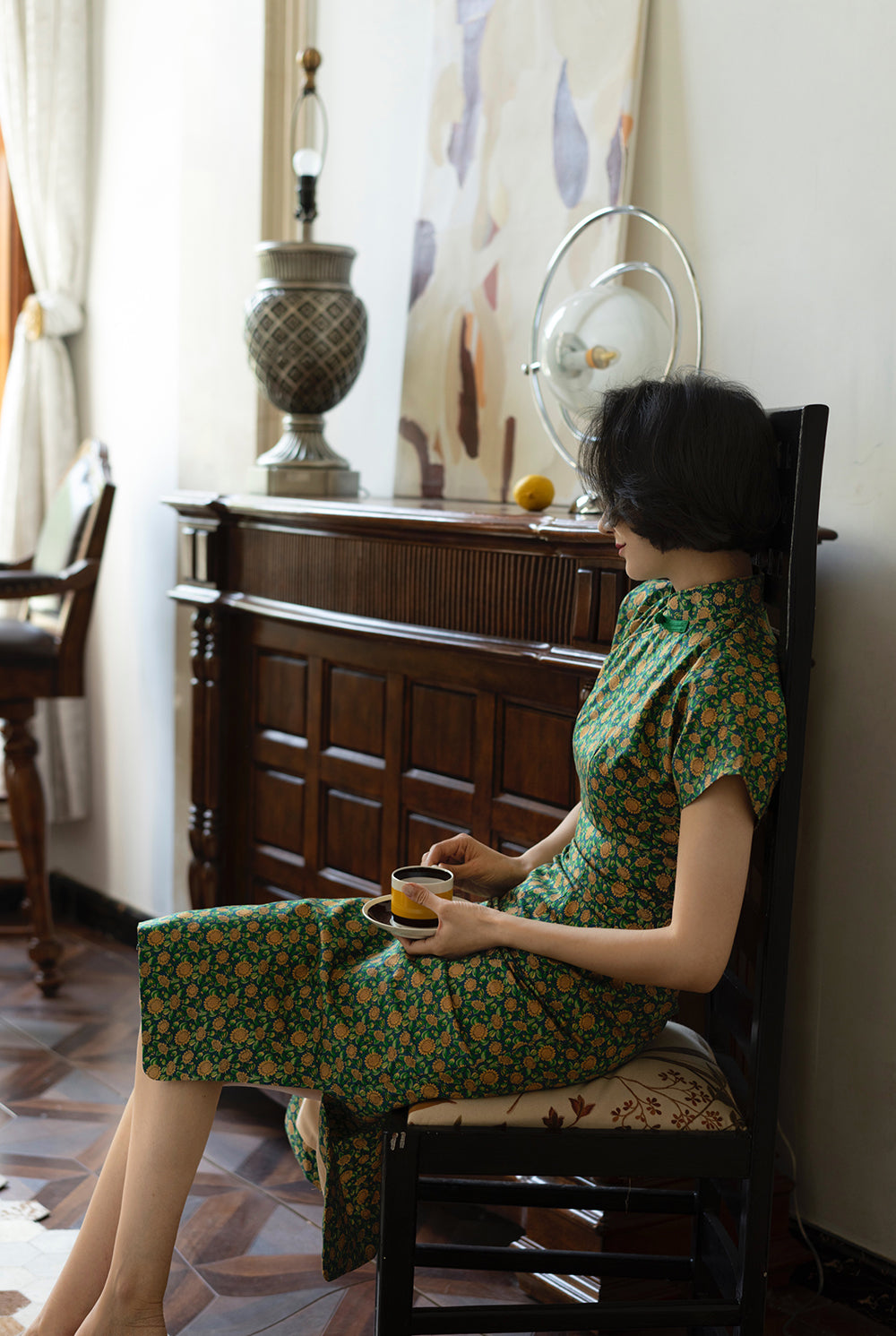 Deep green small sunflower cheongsam dress