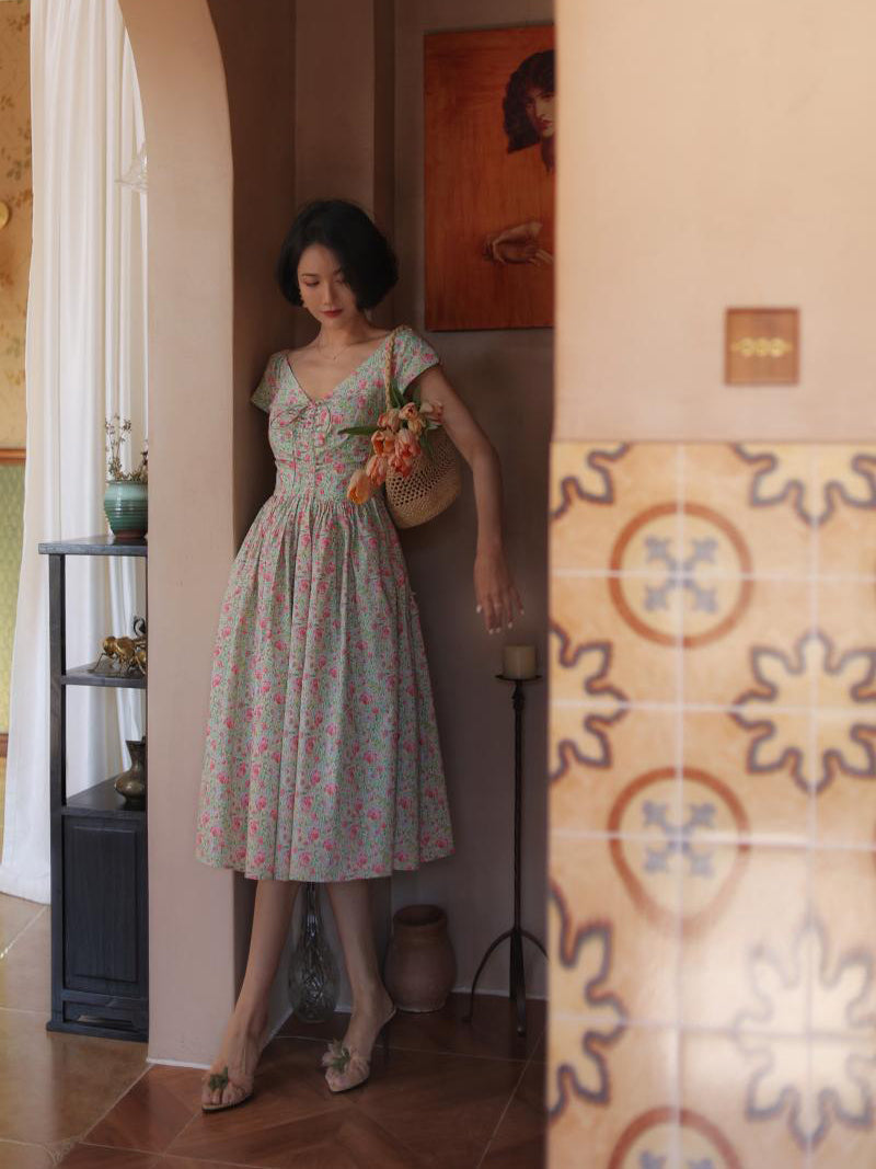 Peach green flower crowd retro dress