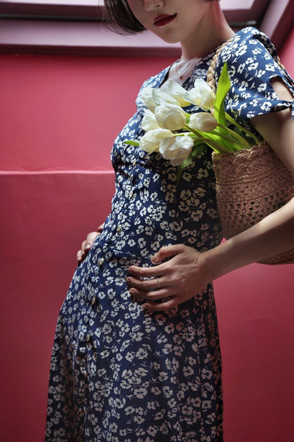 Lapis navy blue flower French retro dress