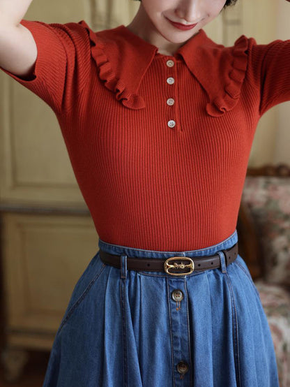 Madder Red Lady's Retro Knit Tops