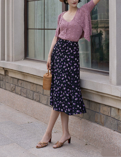 purple flower retro middle skirt